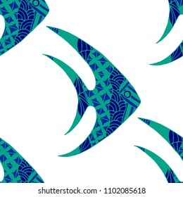 Tropical Fish. Seamless Pattern with Colorful Fish Hand Drawn in Zentangle Style. Sea Pattern for Paper, Chintz, Swimwear. Bright Simple Texture in Trendy Colors. Vector Illustration.