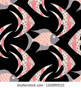 Tropical Fish. Seamless Pattern with Colorful Fish Hand Drawn in Primitive Style. Sea Pattern for Textile, Fabric, Print. Bright Simple Texture in Trendy Colors. Vector Illustration.