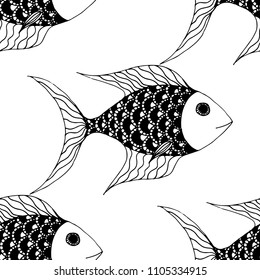 Tropical Fish. Seamless Pattern with Colorful Fish Hand Drawn in Primitive Style. Sea Pattern for Paper, Fabric, Print. Bright Simple Texture in Trendy Colors. Vector Illustration.