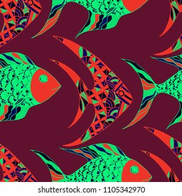 Tropical Fish. Seamless Pattern with Colorful Fish Hand Drawn in Comic Style. Sea Pattern for Textile, Fabric, Print. Bright Simple Texture in Trendy Colors. Vector Illustration.