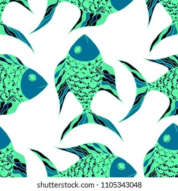 Tropical Fish. Seamless Pattern with Colorful Fish Hand Drawn in Doodle Style. Sea Pattern for Paper, Chintz, Swimwear. Bright Simple Texture in Trendy Colors. Vector Illustration.