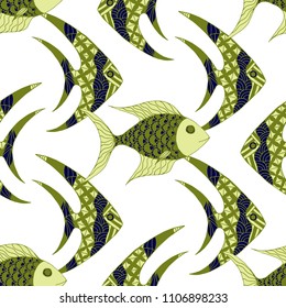 Tropical Fish. Seamless Pattern with Colorful Fish Hand Drawn in Childish Style. Sea Pattern for Paper, Chintz, Print. Bright Simple Texture in Trendy Colors. Vector Illustration.