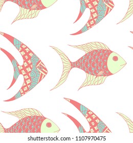 Tropical Fish. Seamless Pattern with Colorful Fish Hand Drawn in Primitive Style. Sea Pattern for Textile, Fabric, Print. Bright Simple Texture in Trendy Colors. Vector Illustration.