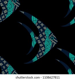 Tropical Fish. Seamless Pattern with Colorful Fish Hand Drawn in Doodle Style. Sea Pattern for Textile, Fabric, Print. Bright Simple Texture in Trendy Colors. Vector Illustration.