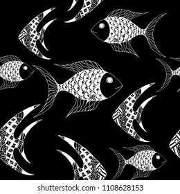 Tropical Fish. Seamless Pattern with Colorful Fish Hand Drawn in Comic Style. Sea Pattern for Paper, Chintz, Print. Bright Simple Texture in Trendy Colors. Vector Illustration.