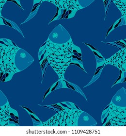 Tropical Fish. Seamless Pattern with Colorful Fish Hand Drawn in Doodle Style. Sea Pattern for Paper, Chintz, Swimwear. Bright Simple Texture in Trendy Colors. Vector Illustration.