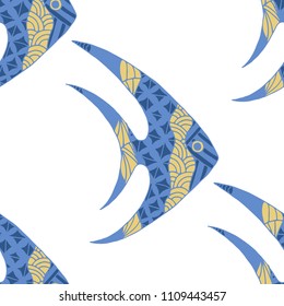 Tropical Fish. Seamless Pattern with Colorful Fish Hand Drawn in Childish Style. Sea Pattern for Paper, Fabric, Print. Bright Simple Texture in Trendy Colors. Vector Illustration.