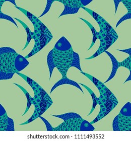 Tropical Fish. Seamless Pattern with Colorful Fish Hand Drawn in Comic Style. Sea Pattern for Textile, Fabric, Print. Bright Simple Texture in Trendy Colors. Vector Illustration.