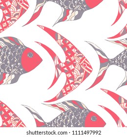 Tropical Fish. Seamless Pattern with Colorful Fish Hand Drawn in Zentangle Style. Sea Pattern for Textile, Fabric, Print. Bright Simple Texture in Trendy Colors. Vector Illustration.
