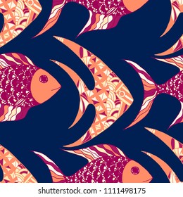 Tropical Fish. Seamless Pattern with Colorful Fish Hand Drawn in Childish Style. Sea Pattern for Paper, Chintz, Print. Bright Simple Texture in Trendy Colors. Vector Illustration.