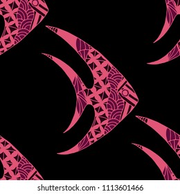 Tropical Fish. Seamless Pattern with Colorful Fish Hand Drawn in Comic Style. Sea Pattern for Textile, Fabric, Print. Bright Simple Texture in Trendy Colors. Vector Illustration.