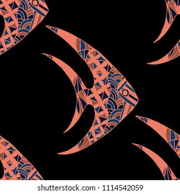 Tropical Fish. Seamless Pattern with Colorful Fish Hand Drawn in Comic Style. Sea Pattern for Paper, Chintz, Print. Bright Simple Texture in Trendy Colors. Vector Illustration.