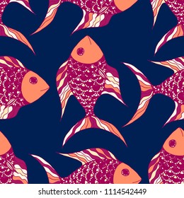 Tropical Fish. Seamless Pattern with Colorful Fish Hand Drawn in Childish Style. Sea Pattern for Paper, Fabric, Print. Bright Simple Texture in Trendy Colors. Vector Illustration.