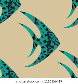 Tropical Fish. Seamless Pattern with Colorful Fish Hand Drawn in Zentangle Style. Sea Pattern for Paper, Fabric, Print. Bright Simple Texture in Trendy Colors. Vector Illustration.