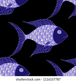 Tropical Fish. Seamless Pattern with Colorful Fish Hand Drawn in Doodle Style. Sea Pattern for Paper, Chintz, Print. Bright Simple Texture in Trendy Colors. Vector Illustration.