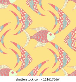 Tropical Fish. Seamless Pattern with Colorful Fish Hand Drawn in Comic Style. Sea Pattern for Paper, Chintz, Print. Bright Simple Texture in Trendy Colors. Vector Illustration.