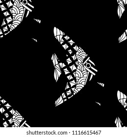 Tropical Fish. Seamless Pattern with Colorful Fish Hand Drawn in Primitive Style. Sea Pattern for Paper, Fabric, Print. Bright Simple Texture in Trendy Colors. Vector Illustration.