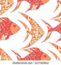 Tropical Fish. Seamless Pattern with Colorful Fish Hand Drawn in Primitive Style. Sea Pattern for Paper, Chintz, Print. Bright Simple Texture in Trendy Colors. Vector Illustration.