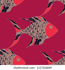 Tropical Fish. Seamless Pattern with Colorful Fish Hand Drawn in Comic Style. Sea Pattern for Paper, Chintz, Print. Bright Simple Texture in Trendy Colors. Vector Illustration.
