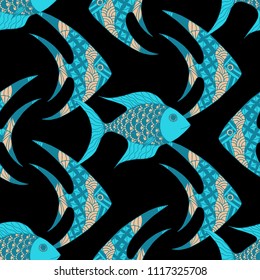 Tropical Fish. Seamless Pattern with Colorful Fish Hand Drawn in Zentangle Style. Sea Pattern for Paper, Chintz, Print. Bright Simple Texture in Trendy Colors. Vector Illustration.