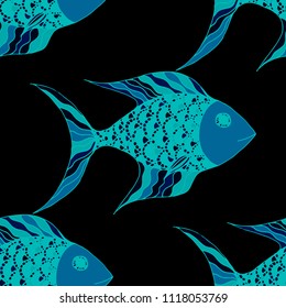 Tropical Fish. Seamless Pattern with Colorful Fish Hand Drawn in Comic Style. Sea Pattern for Paper, Chintz, Print. Bright Simple Texture in Trendy Colors. Vector Illustration.