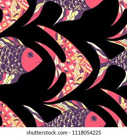 Tropical Fish. Seamless Pattern with Colorful Fish Hand Drawn in Childish Style. Sea Pattern for Textile, Fabric, Print. Bright Simple Texture in Trendy Colors. Vector Illustration.