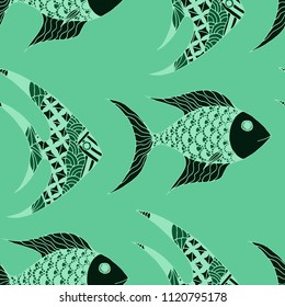 Tropical Fish. Seamless Pattern with Colorful Fish Hand Drawn in Comic Style. Sea Pattern for Paper, Fabric, Print. Bright Simple Texture in Trendy Colors. Vector Illustration.
