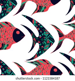 Tropical Fish. Seamless Pattern with Colorful Fish Hand Drawn in Primitive Style. Sea Pattern for Paper, Chintz, Print. Bright Simple Texture in Trendy Colors. Vector Illustration.