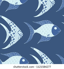 Tropical Fish. Seamless Pattern with Colorful Fish Hand Drawn in Doodle Style. Sea Pattern for Textile, Fabric, Print. Bright Simple Texture in Trendy Colors. Vector Illustration.