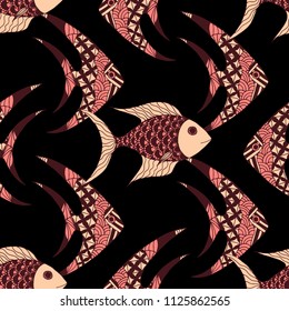 Tropical Fish. Seamless Pattern with Colorful Fish Hand Drawn in Zentangle Style. Sea Pattern for Paper, Chintz, Swimwear. Bright Simple Texture in Trendy Colors. Vector Illustration.