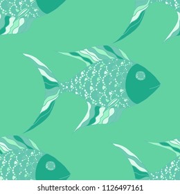 Tropical Fish. Seamless Pattern with Colorful Fish Hand Drawn in Primitive Style. Sea Pattern for Paper, Chintz, Print. Bright Simple Texture in Trendy Colors. Vector Illustration.