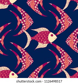 Tropical Fish. Seamless Pattern with Colorful Fish Hand Drawn in Zentangle Style. Sea Pattern for Paper, Chintz, Swimwear. Bright Simple Texture in Trendy Colors. Vector Illustration.