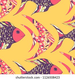 Tropical Fish. Seamless Pattern with Colorful Fish Hand Drawn in Primitive Style. Sea Pattern for Paper, Fabric, Print. Bright Simple Texture in Trendy Colors. Vector Illustration.