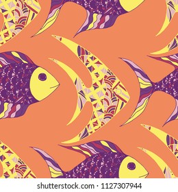 Tropical Fish. Seamless Pattern with Colorful Fish Hand Drawn in Childish Style. Sea Pattern for Textile, Fabric, Print. Bright Simple Texture in Trendy Colors. Vector Illustration.