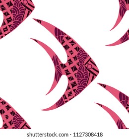 Tropical Fish. Seamless Pattern with Colorful Fish Hand Drawn in Childish Style. Sea Pattern for Paper, Fabric, Print. Bright Simple Texture in Trendy Colors. Vector Illustration.