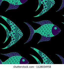 Tropical Fish. Seamless Pattern with Colorful Fish Hand Drawn in Primitive Style. Sea Pattern for Paper, Chintz, Swimwear. Bright Simple Texture in Trendy Colors. Vector Illustration.