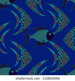 Tropical Fish. Seamless Pattern with Colorful Fish Hand Drawn in Doodle Style. Sea Pattern for Paper, Chintz, Print. Bright Simple Texture in Trendy Colors. Vector Illustration.