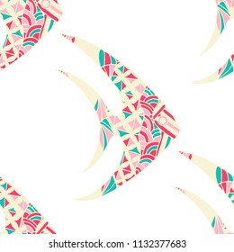 Tropical Fish. Seamless Pattern with Colorful Fish Hand Drawn in Primitive Style. Sea Pattern for Textile, Fabric, Print. Bright Simple Texture in Trendy Colors. Vector Illustration.