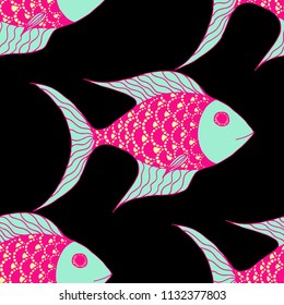 Tropical Fish. Seamless Pattern with Colorful Fish Hand Drawn in Primitive Style. Sea Pattern for Paper, Fabric, Print. Bright Simple Texture in Trendy Colors. Vector Illustration.