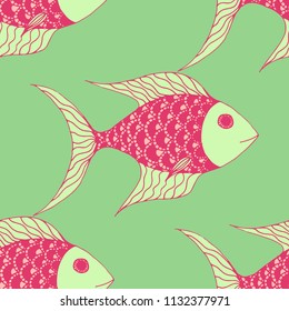 Tropical Fish. Seamless Pattern with Colorful Fish Hand Drawn in Primitive Style. Sea Pattern for Paper, Fabric, Print. Bright Simple Texture in Trendy Colors. Vector Illustration.