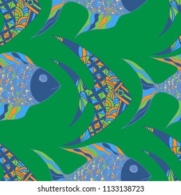 Tropical Fish. Seamless Pattern with Colorful Fish Hand Drawn in Childish Style. Sea Pattern for Paper, Chintz, Swimwear. Bright Simple Texture in Trendy Colors. Vector Illustration.