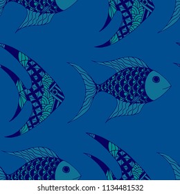 Tropical Fish. Seamless Pattern with Colorful Fish Hand Drawn in Zentangle Style. Sea Pattern for Paper, Chintz, Print. Bright Simple Texture in Trendy Colors. Vector Illustration.