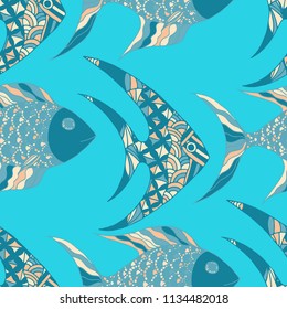 Tropical Fish. Seamless Pattern with Colorful Fish Hand Drawn in Primitive Style. Sea Pattern for Paper, Chintz, Print. Bright Simple Texture in Trendy Colors. Vector Illustration.