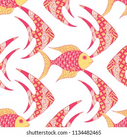Tropical Fish. Seamless Pattern with Colorful Fish Hand Drawn in Comic Style. Sea Pattern for Paper, Chintz, Swimwear. Bright Simple Texture in Trendy Colors. Vector Illustration.