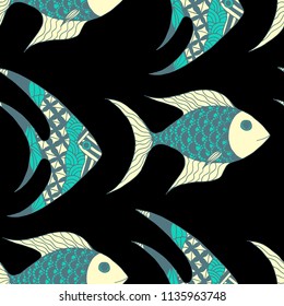 Tropical Fish. Seamless Pattern with Colorful Fish Hand Drawn in Comic Style. Sea Pattern for Textile, Fabric, Print. Bright Simple Texture in Trendy Colors. Vector Illustration.