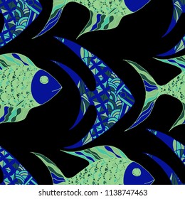 Tropical Fish. Seamless Pattern with Colorful Fish Hand Drawn in Comic Style. Sea Pattern for Paper, Fabric, Print. Bright Simple Texture in Trendy Colors. Vector Illustration.
