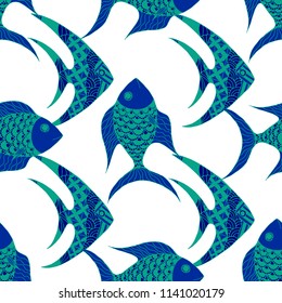 Tropical Fish. Seamless Pattern with Colorful Fish Hand Drawn in Primitive Style. Sea Pattern for Paper, Chintz, Swimwear. Bright Simple Texture in Trendy Colors. Vector Illustration.