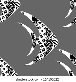 Tropical Fish. Seamless Pattern with Colorful Fish Hand Drawn in Doodle Style. Sea Pattern for Paper, Chintz, Print. Bright Simple Texture in Trendy Colors. Vector Illustration.