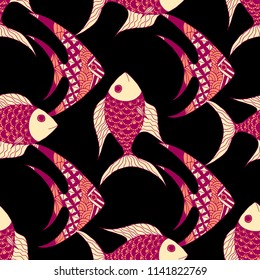 Tropical Fish. Seamless Pattern with Colorful Fish Hand Drawn in Primitive Style. Sea Pattern for Paper, Chintz, Swimwear. Bright Simple Texture in Trendy Colors. Vector Illustration.