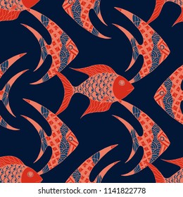 Tropical Fish. Seamless Pattern with Colorful Fish Hand Drawn in Zentangle Style. Sea Pattern for Textile, Fabric, Print. Bright Simple Texture in Trendy Colors. Vector Illustration.